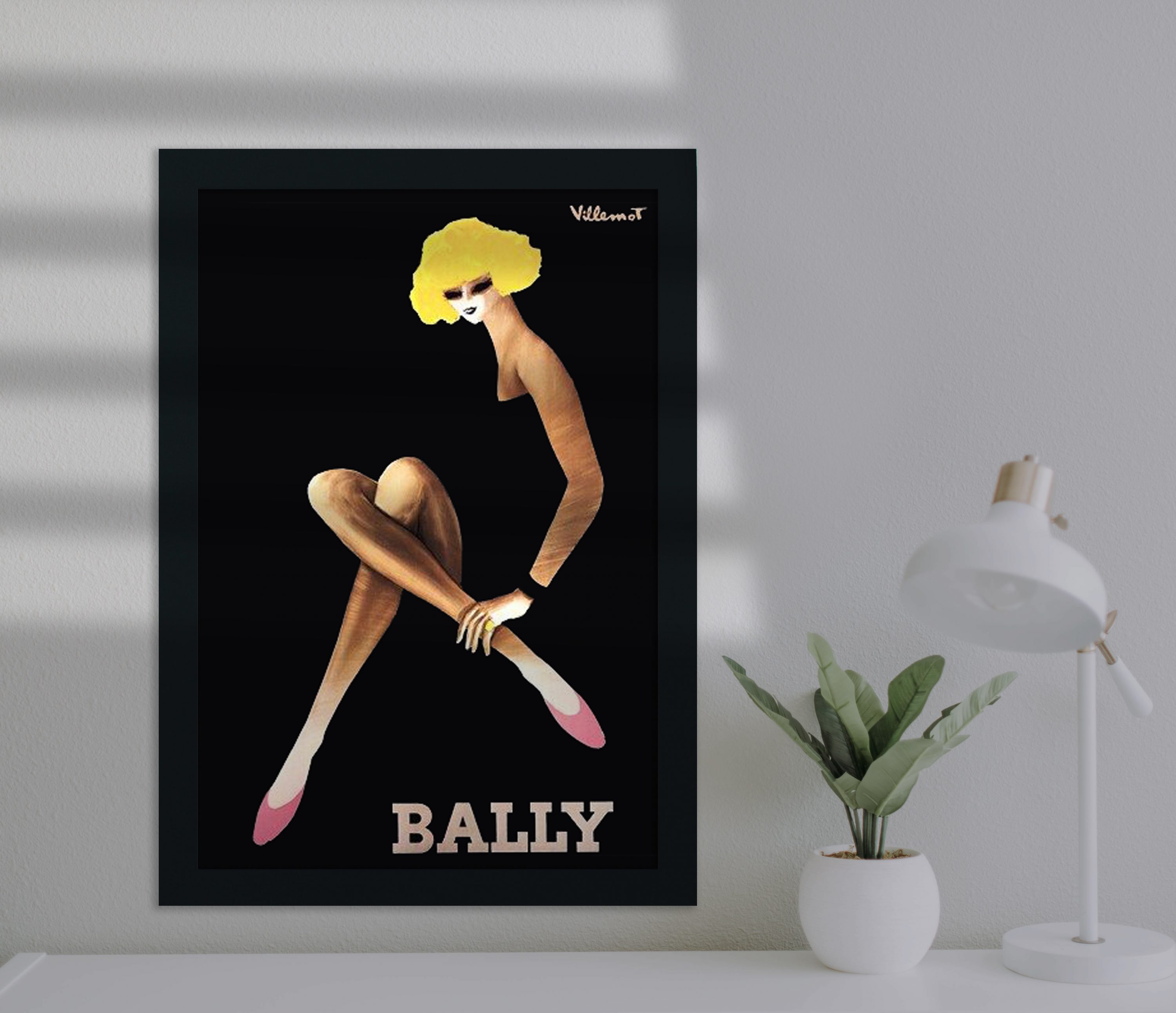 Bally Blonde vintage advertising poster by Bernard Villemot framed on a wall